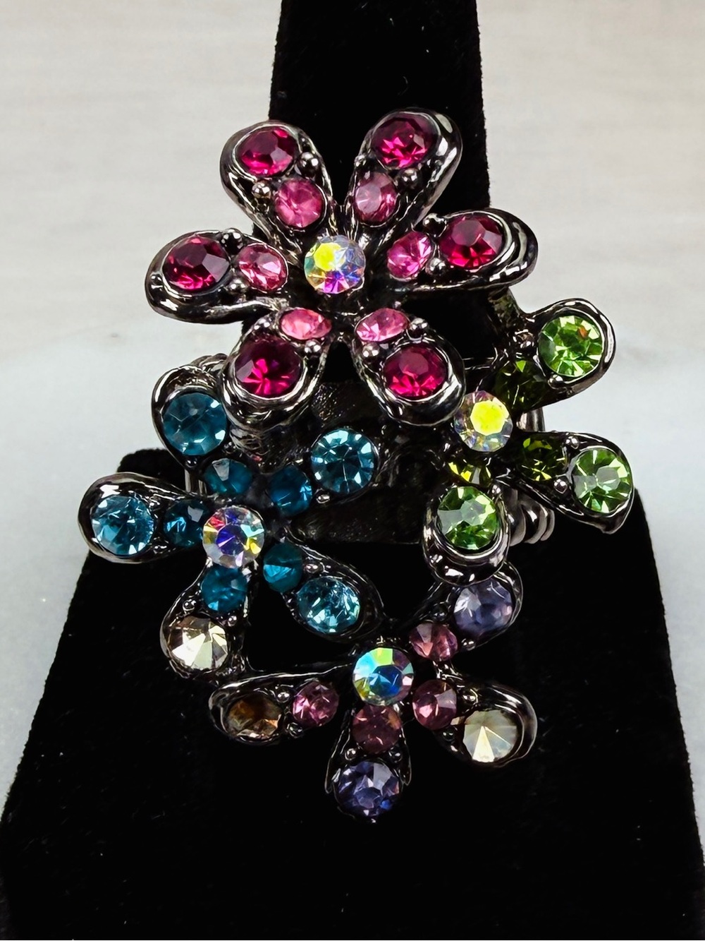 Multicolor Floral Statement Stretch Ring Silver Tone Adjustable